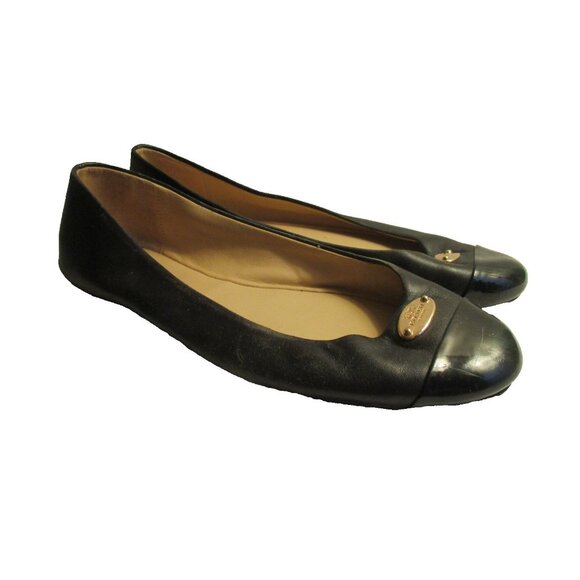 *COACH Black Leather Patent Toe Flats Goldtone Medallion - 8.5B - Picture 3 of 9